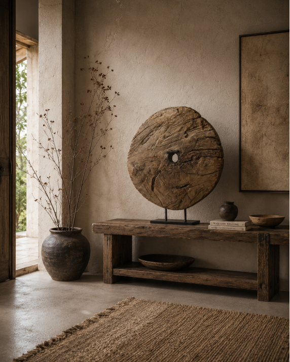 Roue ancienne en bois sur socle
