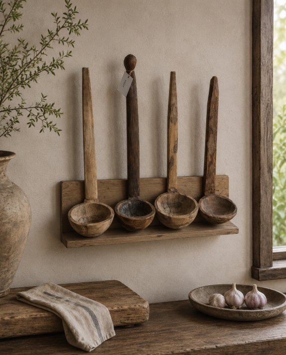 Étagère de louches anciennes en bois